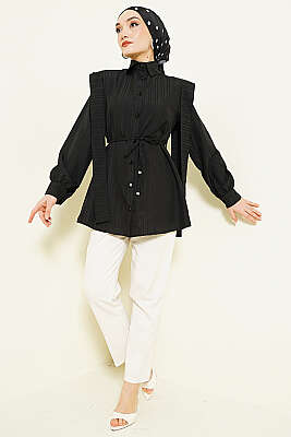 Omuz Kuşaklı Çizgi Kabartmalı Gömlek Siyah - Gömlek