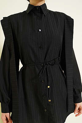 Omuz Kuşaklı Çizgi Kabartmalı Gömlek Siyah - Gömlek