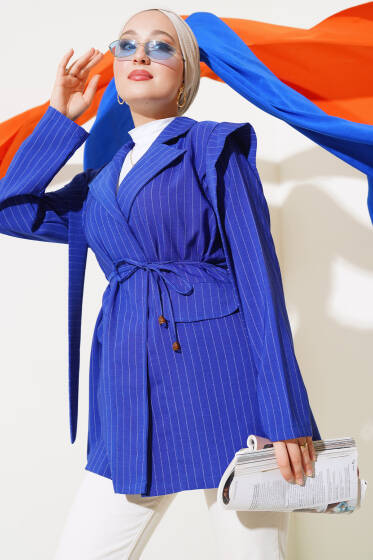 Omuz Kuşaklı Çizgili Ceket Saks - Ceket