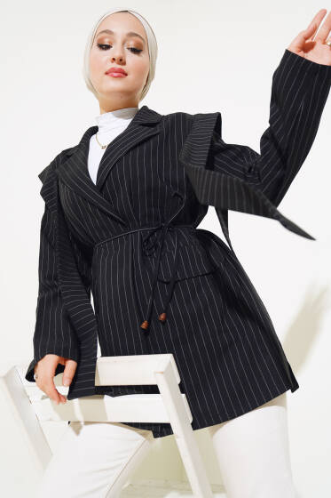 Omuz Kuşaklı Çizgili Ceket Siyah - Ceket