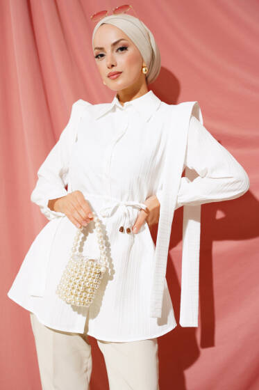 Omuz Kuşaklı Gömlek Ekru - Gömlek