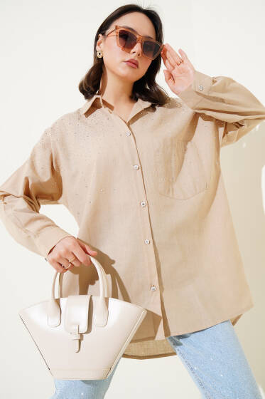 Omuz Minik Taşlı Gömlek Camel - Gömlek