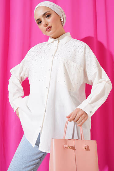 Omuz Minik Taşlı Gömlek Ekru - Gömlek