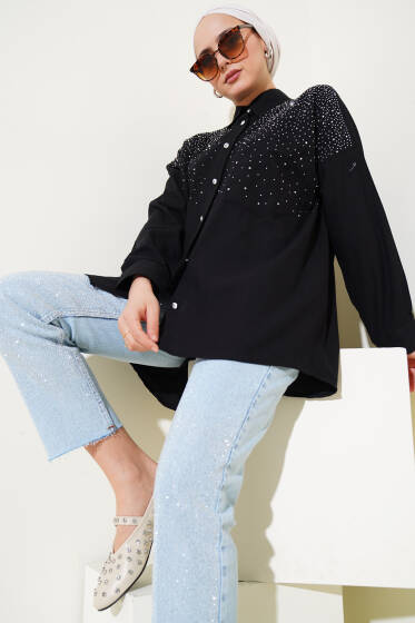 Omuz Minik Taşlı Gömlek Siyah - Gömlek