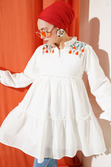 Omuz Nakışlı Fırfırlı Kat Tunik Kiremit - Tunik