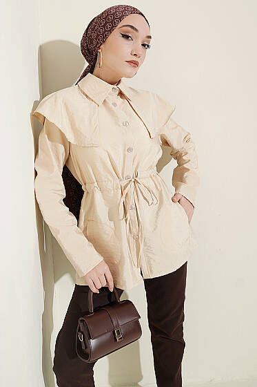 Omuz Parçalı Bel Tünelli Gömlek Bej - Gömlek