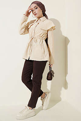 Omuz Parçalı Bel Tünelli Gömlek Bej - Gömlek