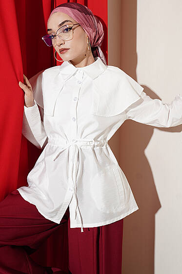 Omuz Parçalı Bel Tünelli Gömlek Beyaz - Gömlek