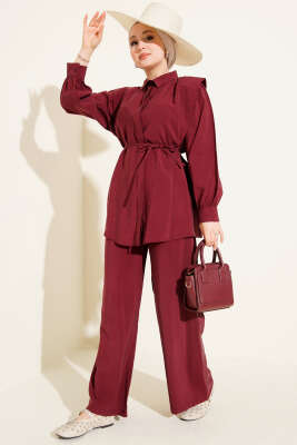 Omuz Parçalı İp Kuşaklı Tensel İkili Takım Bordo - DUFON