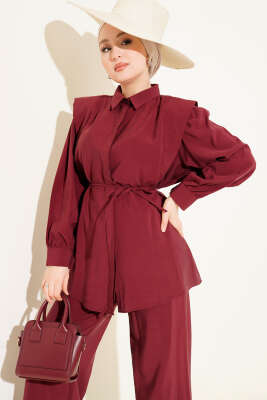 Omuz Parçalı İp Kuşaklı Tensel İkili Takım Bordo - İkili Takım