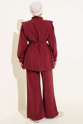 Omuz Parçalı İp Kuşaklı Tensel İkili Takım Bordo - İkili Takım