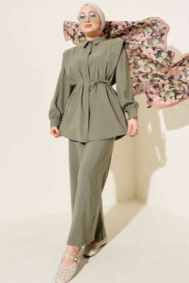 Omuz Parçalı İp Kuşaklı Tensel İkili Takım Haki - DUFON