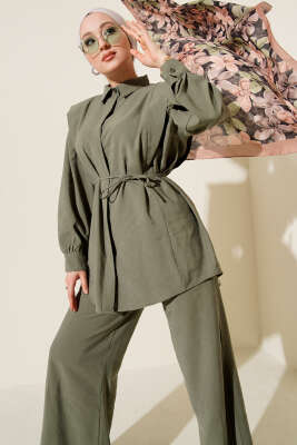 Omuz Parçalı İp Kuşaklı Tensel İkili Takım Haki - İkili Takım