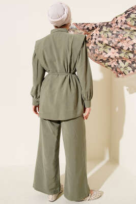 Omuz Parçalı İp Kuşaklı Tensel İkili Takım Haki - İkili Takım