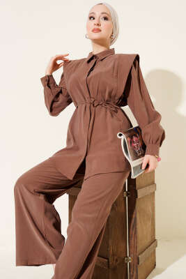 Omuz Parçalı İp Kuşaklı Tensel İkili Takım Kahve - İkili Takım