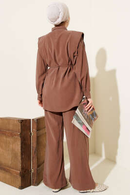 Omuz Parçalı İp Kuşaklı Tensel İkili Takım Kahve - İkili Takım