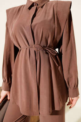 Omuz Parçalı İp Kuşaklı Tensel İkili Takım Kahve - İkili Takım