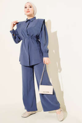Omuz Parçalı İp Kuşaklı Tensel İkili Takım Lacivert - DUFON