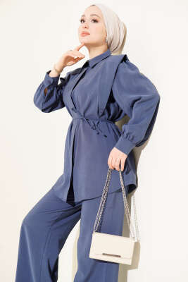 Omuz Parçalı İp Kuşaklı Tensel İkili Takım Lacivert - İkili Takım