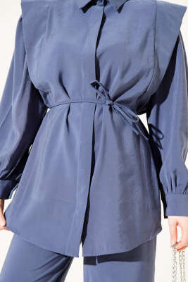 Omuz Parçalı İp Kuşaklı Tensel İkili Takım Lacivert - İkili Takım