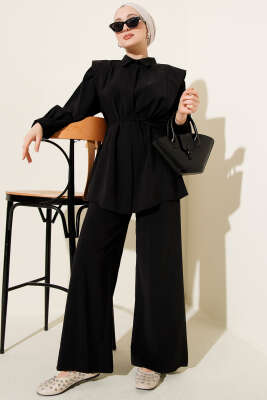 Omuz Parçalı İp Kuşaklı Tensel İkili Takım Siyah - İkili Takım