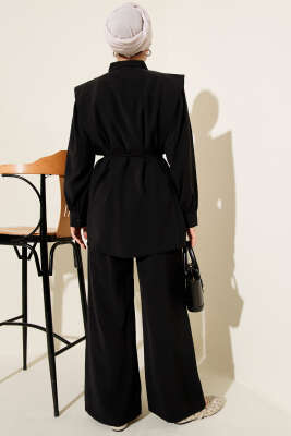 Omuz Parçalı İp Kuşaklı Tensel İkili Takım Siyah - İkili Takım