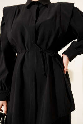 Omuz Parçalı İp Kuşaklı Tensel İkili Takım Siyah - İkili Takım