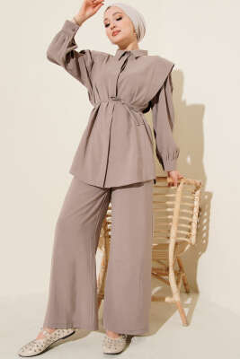 Omuz Parçalı İp Kuşaklı Tensel İkili Takım Vizon - DUFON