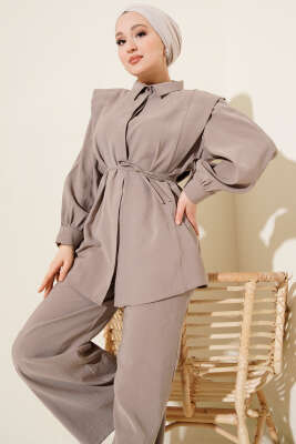 Omuz Parçalı İp Kuşaklı Tensel İkili Takım Vizon - İkili Takım