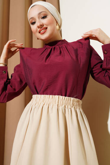 Omuz Parçalı Kısa Gömlek Bordo - Gömlek