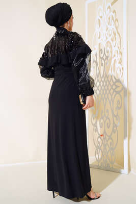 Omuz Payetli Abaya Siyah - Tesettür Elbise