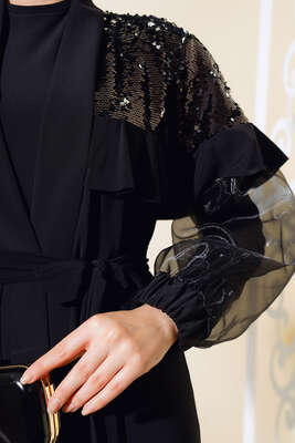 Omuz Payetli Abaya Siyah - Tesettür Elbise