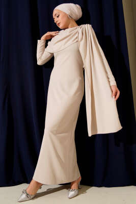 Omuz Pelerin Detaylı Abiye Elbise Bej - CNR TEKSTİL