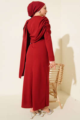 Omuz Pelerin Detaylı Abiye Elbise Bordo - Elbise