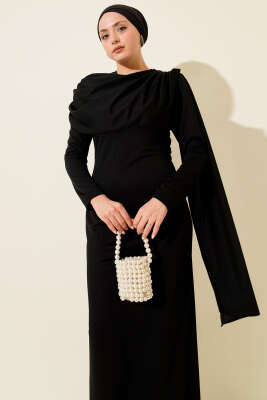 Omuz Pelerin Detaylı Abiye Elbise Siyah - Elbise