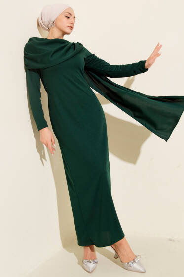Omuz Pelerin Detaylı Abiye Elbise Zümrüt - Elbise