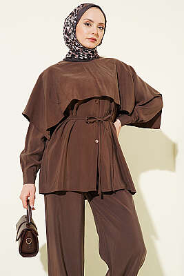 Omuz Pelerin Detaylı İp Kuşaklı Modal Takım Kahve - VAV TEKSTİL