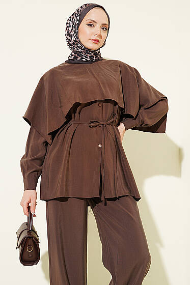 Omuz Pelerin Detaylı İp Kuşaklı Modal Takım Kahve - İkili Takım