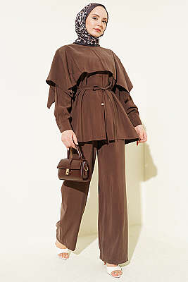 Omuz Pelerin Detaylı İp Kuşaklı Modal Takım Kahve - İkili Takım