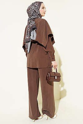 Omuz Pelerin Detaylı İp Kuşaklı Modal Takım Kahve - İkili Takım