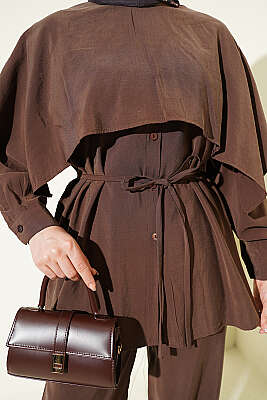 Omuz Pelerin Detaylı İp Kuşaklı Modal Takım Kahve - İkili Takım