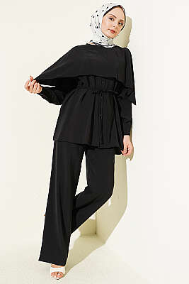 Omuz Pelerin Detaylı İp Kuşaklı Modal Takım Siyah - VAV TEKSTİL