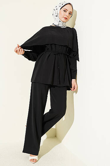 Omuz Pelerin Detaylı İp Kuşaklı Modal Takım Siyah - İkili Takım