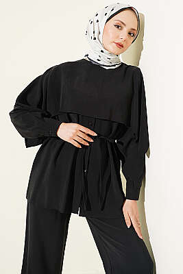 Omuz Pelerin Detaylı İp Kuşaklı Modal Takım Siyah - İkili Takım