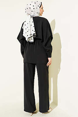 Omuz Pelerin Detaylı İp Kuşaklı Modal Takım Siyah - İkili Takım