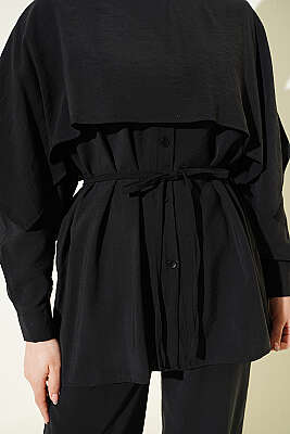 Omuz Pelerin Detaylı İp Kuşaklı Modal Takım Siyah - İkili Takım