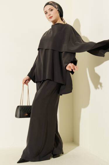 Omuz Pelerin Detaylı Modal İkili Takım Siyah - İkili Takım