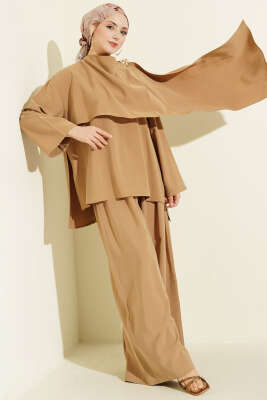 Omuz Pelerin Detaylı Modal İkili Takım Yağ Yeşili - HEWES