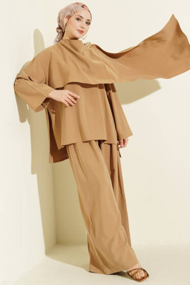 Omuz Pelerin Detaylı Modal İkili Takım Yağ Yeşili - İkili Takım