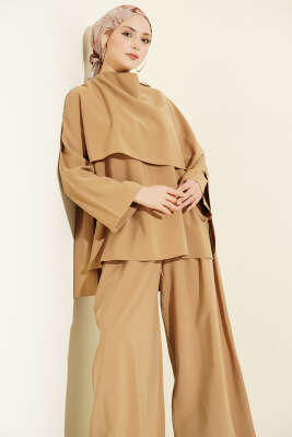 Omuz Pelerin Detaylı Modal İkili Takım Yağ Yeşili - İkili Takım